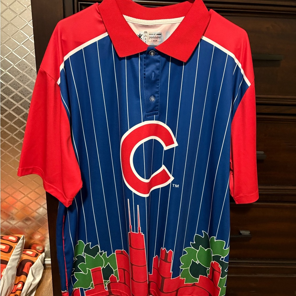 Chicago Cubs Skyline and Ivy Blue & Red Pinstripe Polo Shirt
